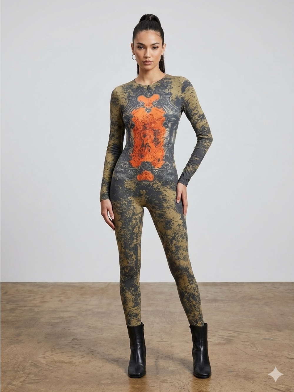 Riscuyy Olive & Rust Sheer Printed Long-Sleeve Jumpsuit Size S New in Bag